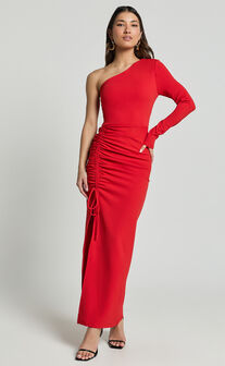 Daria Midi Dress - One Shoulder Long Sleeve Side Split Dress in Red