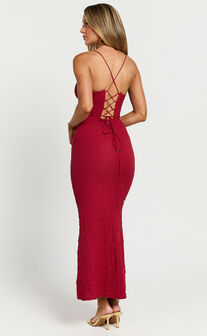 Charlee Midi Dress - Bodycon Sweetheart Cut Out Bust Thin Strap Dress in Red