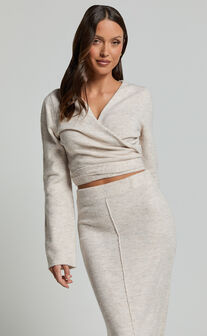 Tessa Top - Knitted Long Sleeve Wrap Cardigan Top in Stone