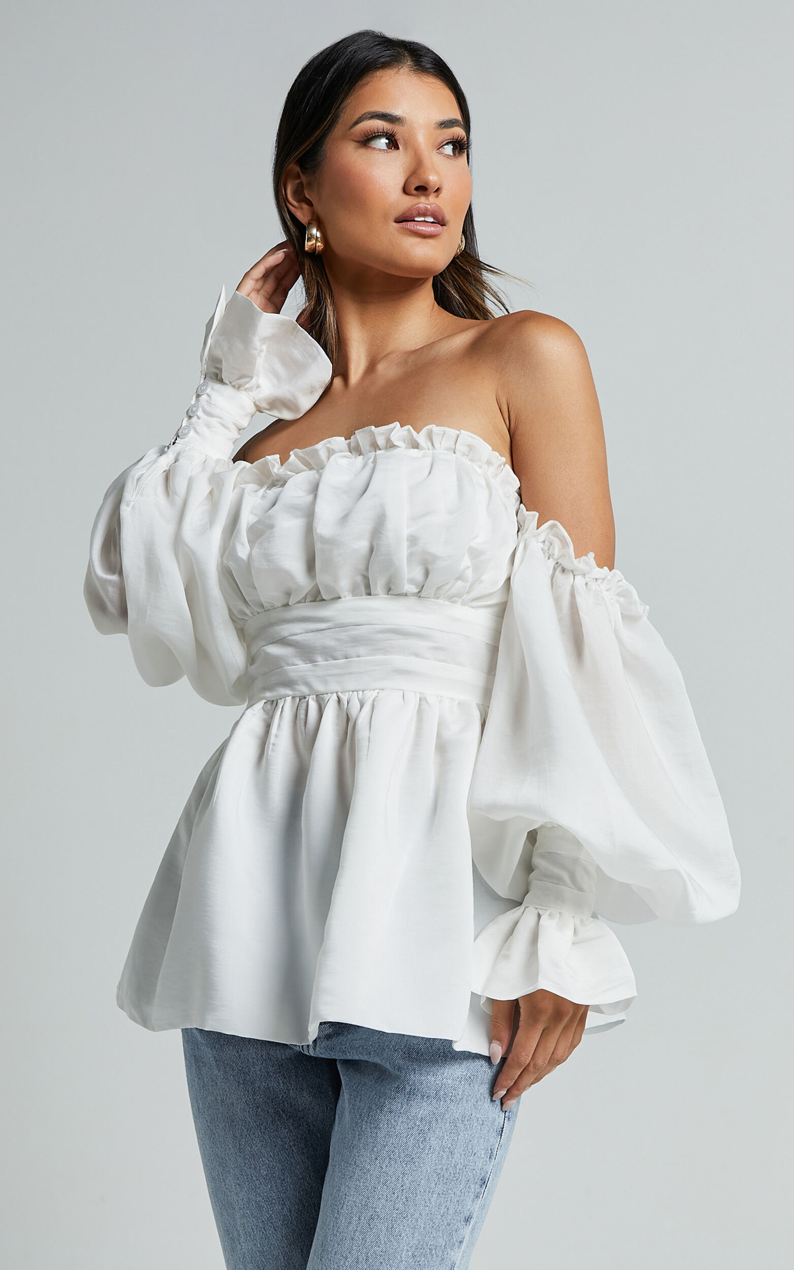 White ruffle off the shoulder blouse online