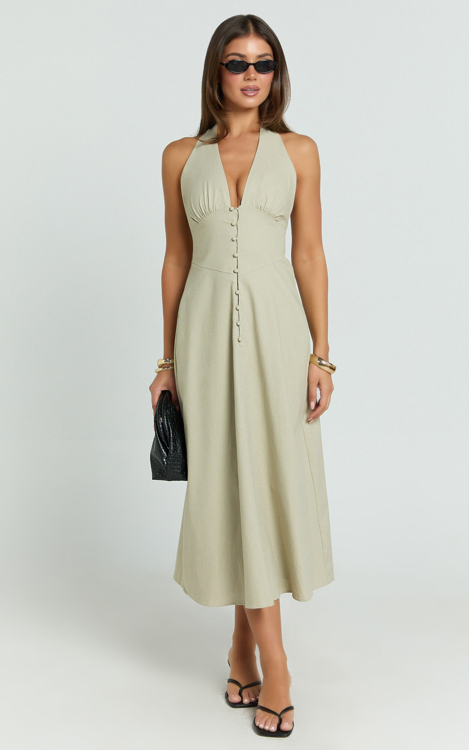 Beata Midi Dress - Plunge Halter A-Line Dress in Sage - 06, GRN1
