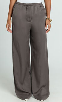 Grace Pants - Low Rise Elasticated Waist Wide Leg Pants in Slate Grey