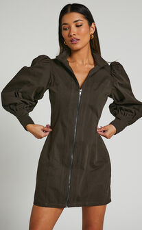 Tallis Mini Dress - Sleeve Zip Front Dress in Dark Charcoal