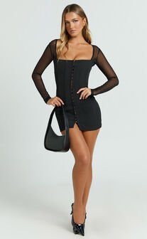 Alaya Mini Dress - Sheer Long Sleeve Hook and Eye Dress in Black