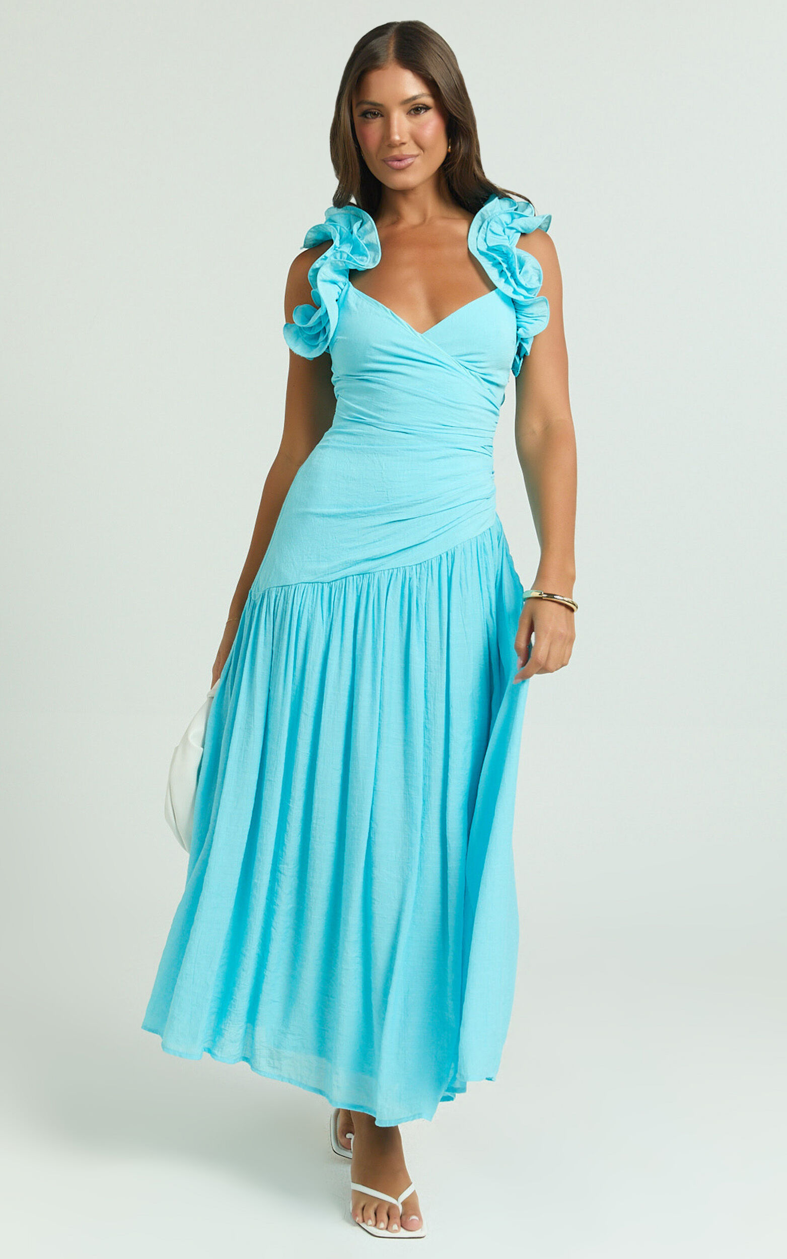 Memie Midi Dress - Drop Waist Ruffle Sleeve Dress in Blue - 06, BLU1