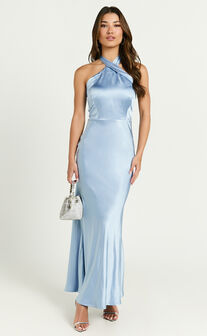 Rhianne Midi Dress - Twist Halter Neck Open Back Satin Dress in Light Blue