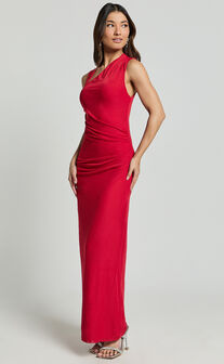 Lara Midi Dress - Asymmetrical Ruched Mesh Dress in Red