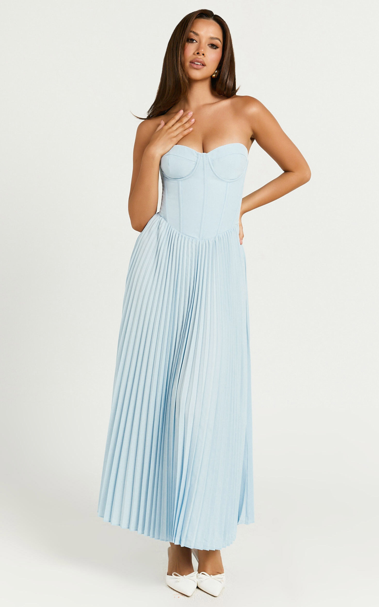 Loretta Midi Dress - Lace Up Back Bustier Pleated Dress in Light Blue | Showpo USA