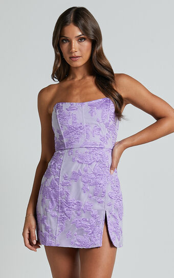 Brailey Mini Dress - Strapless Dress in Purple Jacquard