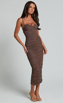 Leanor Midi Dress - Mesh Ruched Bustier Bodycon Dress in Chocolate