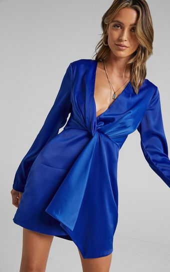Stop Thinking About It Dress in Cobalt Satin