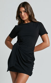 Candace Mini Dress - Faux Wrap Shift Dress in Black