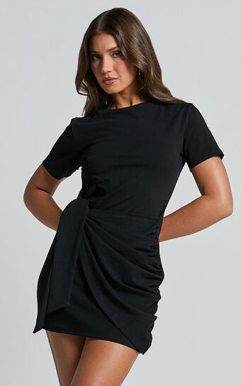 Candace Mini Dress - Faux Wrap Shift Dress in Black