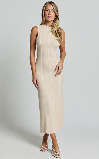 Selena Midi Dress - High Neck Sleeveless Slip Dress in Natural