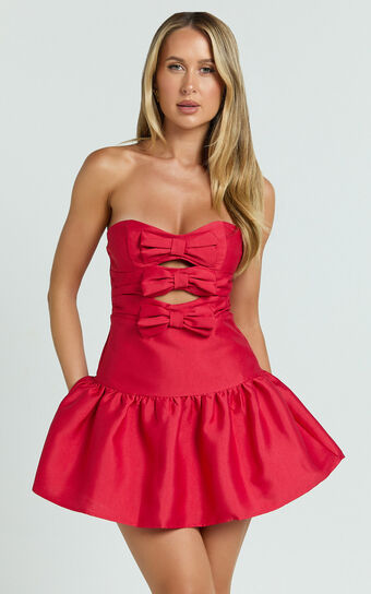 Otis Mini Dress - Strapless Fit And Flare Bubble Hem Dress in Red