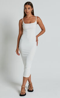 Reyneth Midi Dress - Low Back Bodycon Rib Dress in Off White