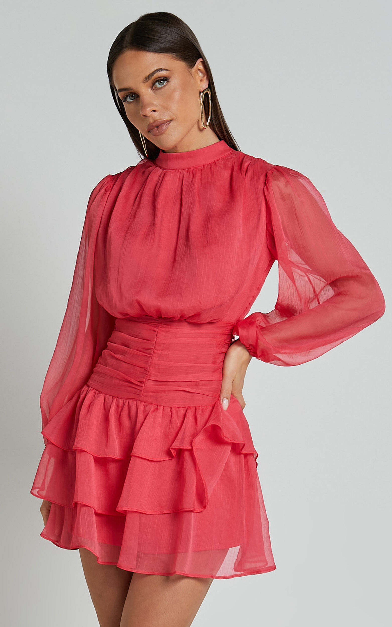 Charlize Mini Dress - High Neck Long Sleeve Layered Dress in Coral ...