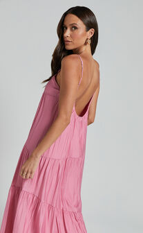 Cecila Midi Dress - Straight Neckline Sleeveless Dress in Pink