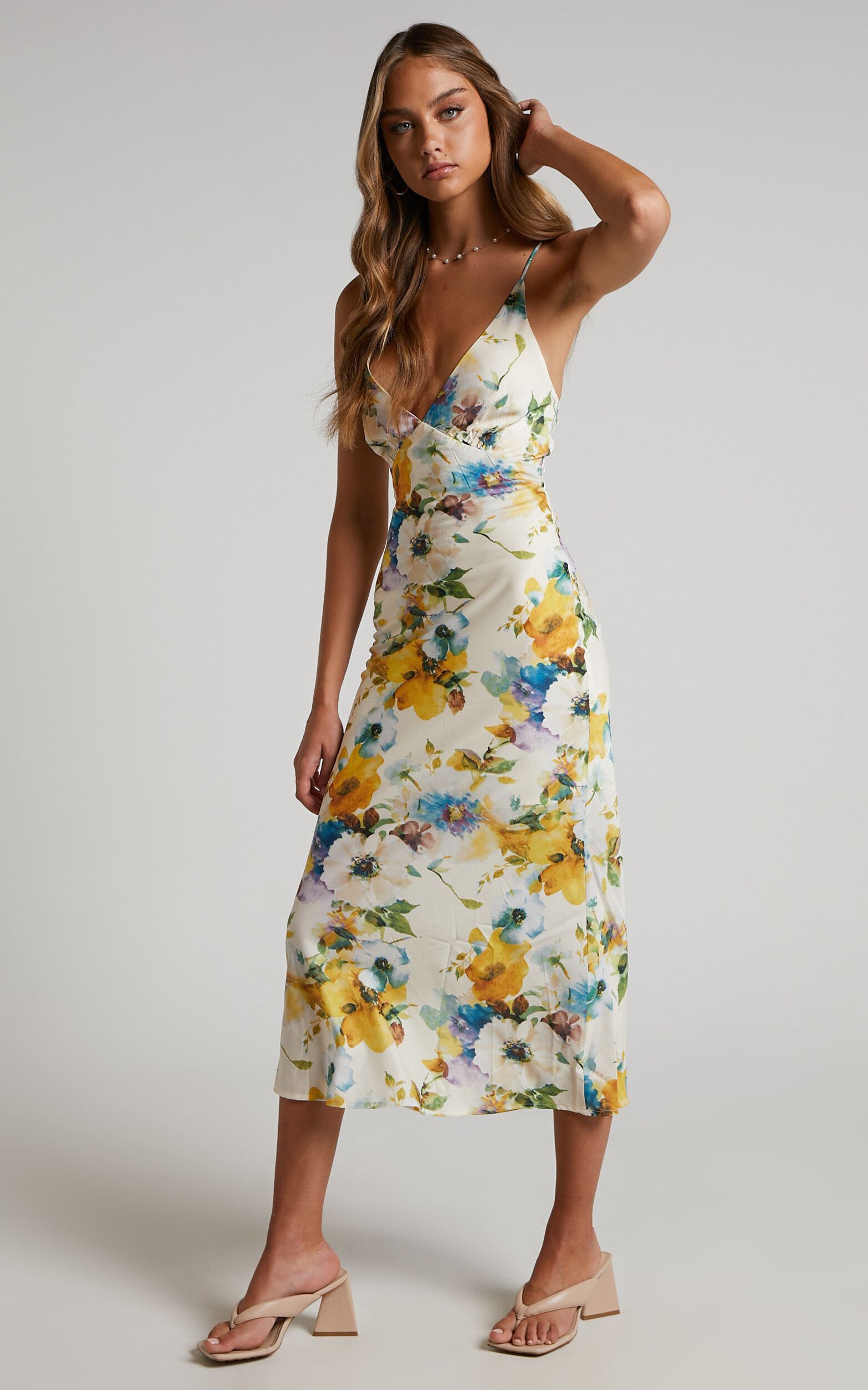 Tricia Midi Dress - Plunge Strappy Back Slip Dress in Cream Floral ...