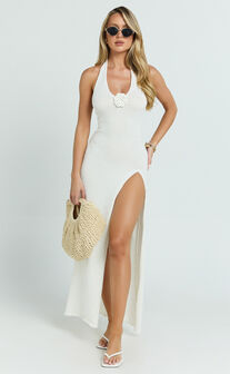 Nikola Midi Dress - Plunge Halter High Split Knit Dress in Cream
