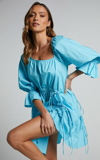 Cameron Mini Dress - Asymmetric 3/4 Sleeve Tiered Ruched Smock Dress in Blue
