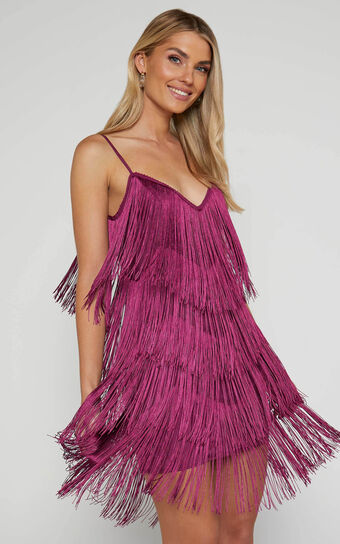 Siofra Mini Dress - Zig Zag Fringe Dress in Mulberry