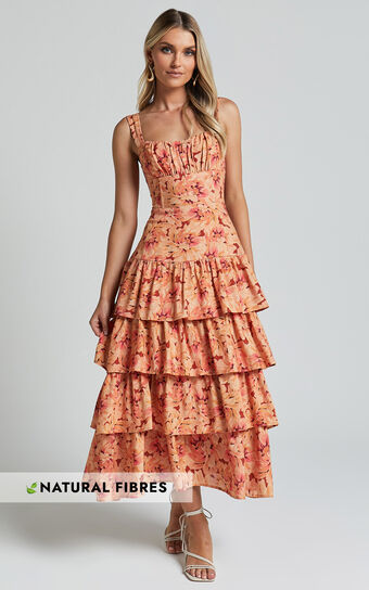 Amalie The Label - Adela Linen Blend Tiered Midi Dress in Valencia Print
