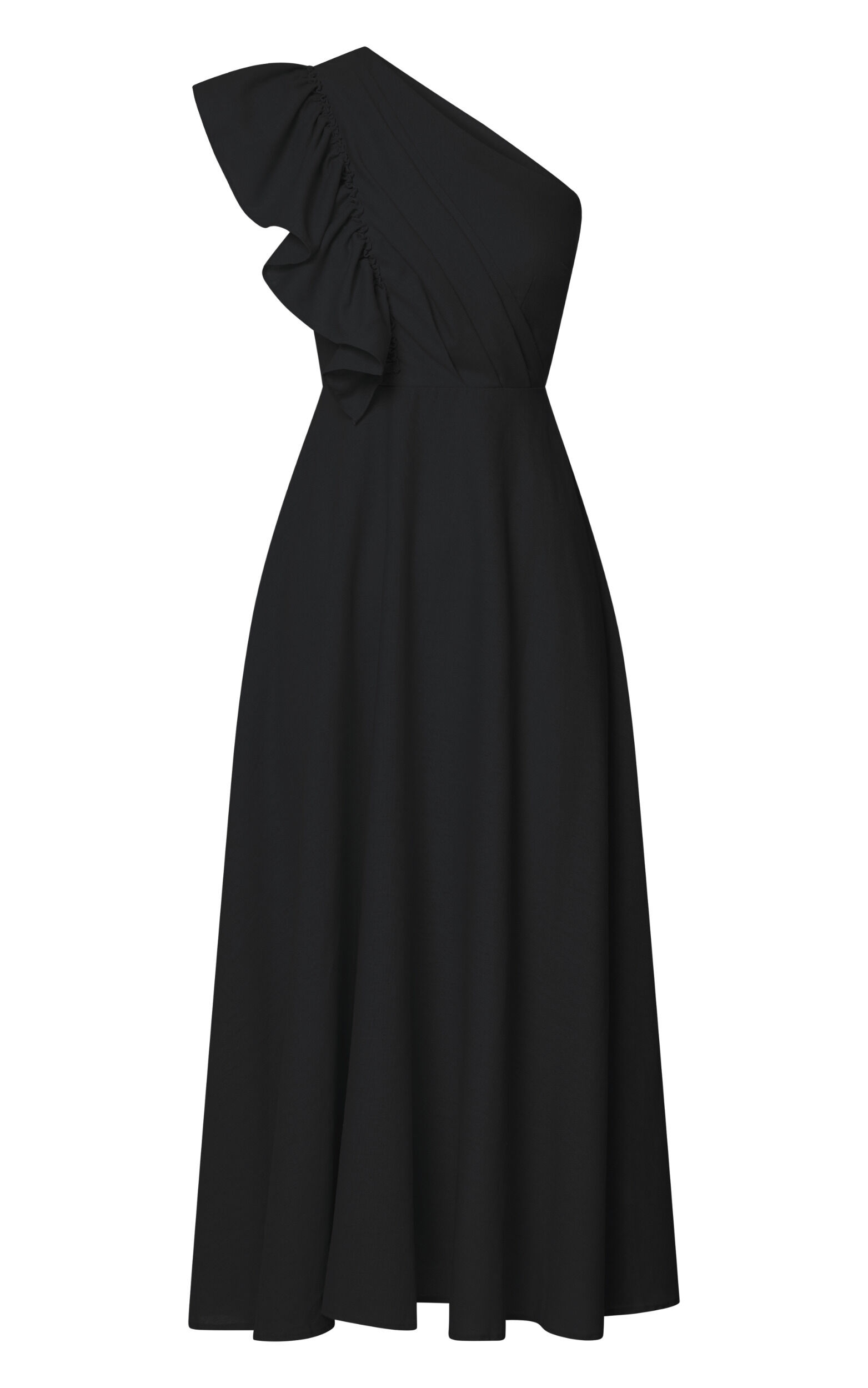 Dixie Midi Dress - Linen Look One Shoulder Ruffle Dress in