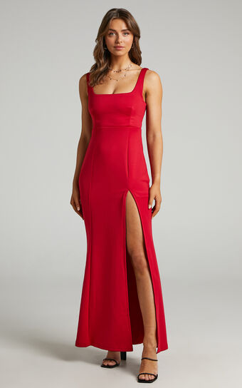 Raquelle Square Neck Thigh Split Maxi Dress in Red