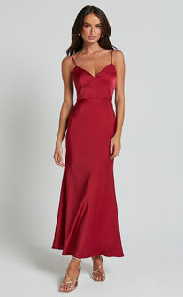 Jovana Midi Dress - Bust Panel Detail Satin Slip Dress in Wine