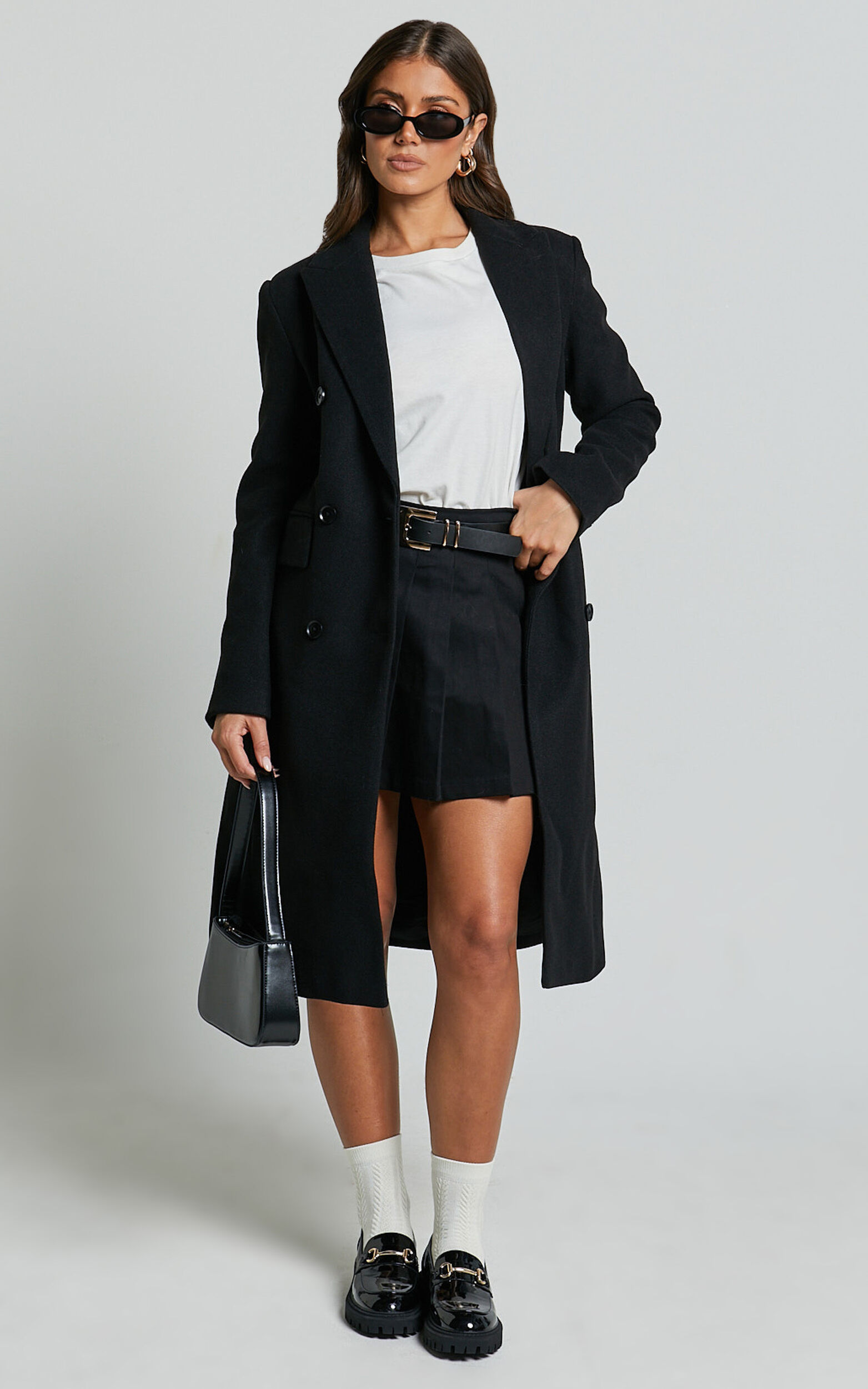 Charlotte Coat - Double Breasted Long Line Coat in Black - 06, BLK1