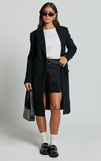 Charlotte Coat - Double Breasted Long Line Coat in Black