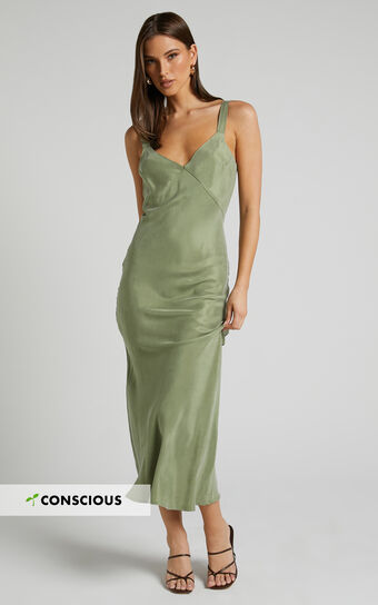 Kaya Midi Dress - Cupro Slip Dress in Moss