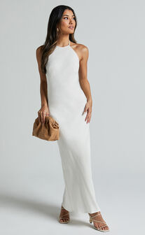 Cyrena Maxi Dress - Linen Look Halter Neck Sleeveless Slip Dress in Off White