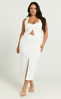 Romeo Midi Skirt - High Waisted Front Split Pencil Skirt in White