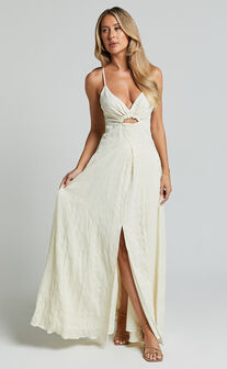 Marisse Maxi Dress - Cut Out Front Split Cross Back Textured Dress in Cream