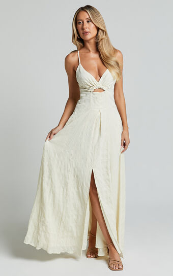 Marisse Maxi Dress - Cut Out Front Split Cross Back Textured Dress in Cream