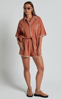 Aden Two Piece Set - Embroidered Trim Button Through Short Sleeve and Shorts Printed Set in Rust and White