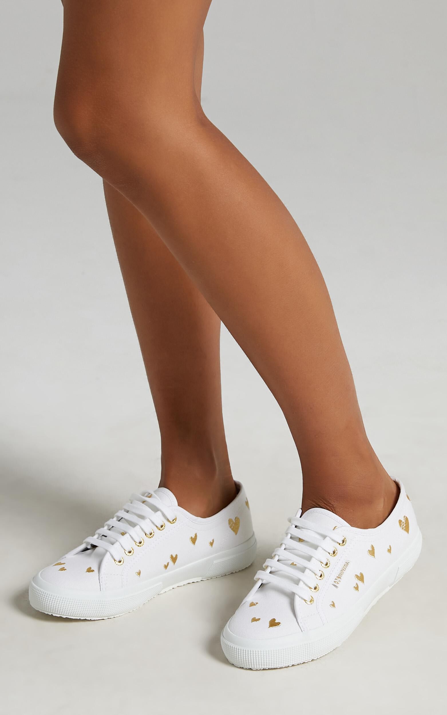Superga 2750 Hearts Embroidery Sneakers in A1Z White Gold Hearts Showpo