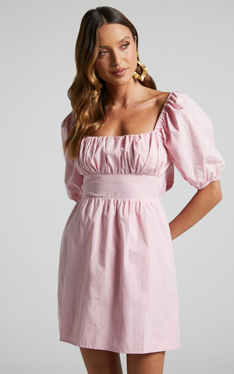 Branson Mini Dress - Short Puff Sleeve Tie Back Dress in Pink