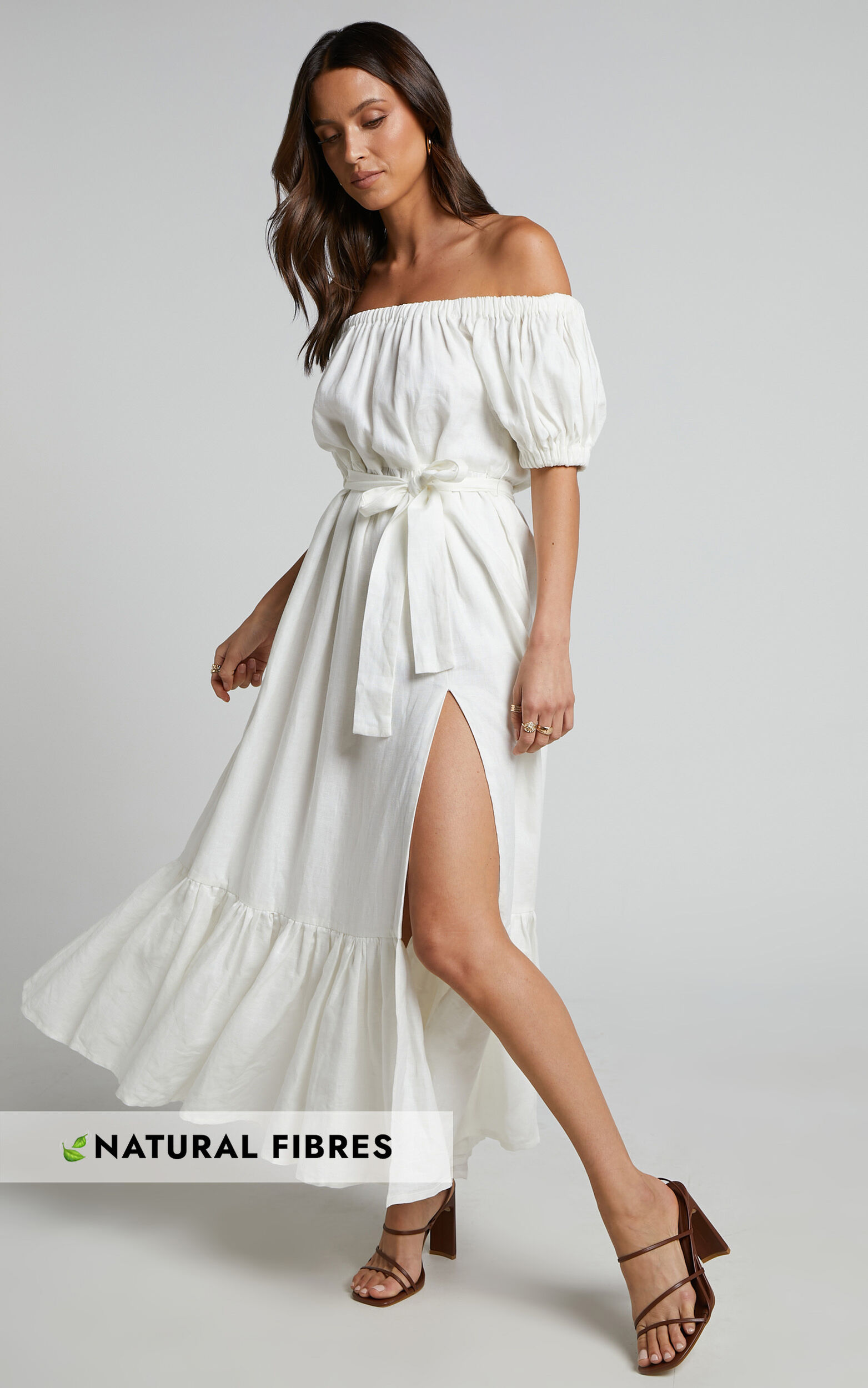 Amalie The Label - Junabelle Linen Off Shoulder Midi Dress in White - 04, WHT1