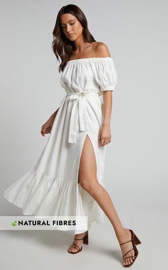 Amalie The Label - Junabelle Linen Off Shoulder Midi Dress in White