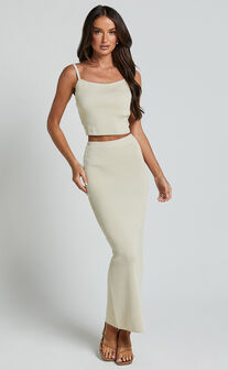 Emilea Knitted Two Piece Set - Knitted Strappy Crop Top and Midi Skirt Set in Stone