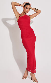 Lara Midi Dress - Asymmetrical Ruched Mesh Dress in Red
