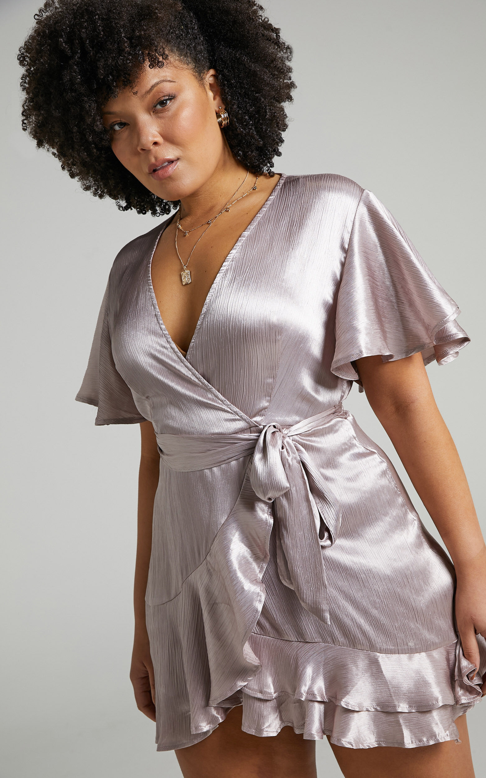 Silver satin wrap hotsell dress