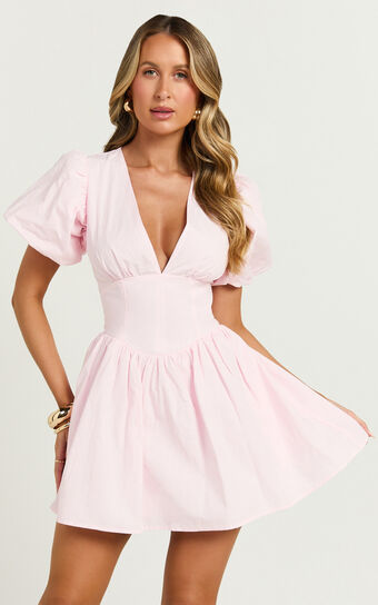 Nelli Mini Dress - Short Puff Sleeve Shirred Back Dress in Baby Pink