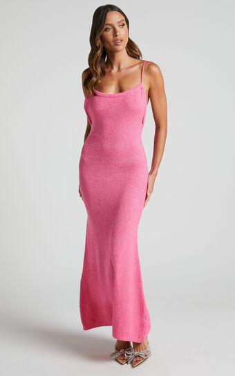 Yurika Midi Dress - Knit Open Back Dress in Bright Pink
