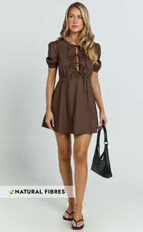 Hattie Mini Dress - Tie Front Puff Sleeve Dress in Chocolate
