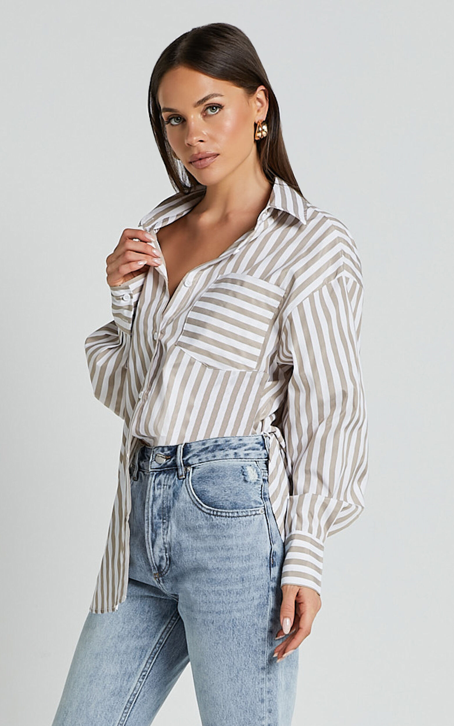 Jaycey Shirt - Long Sleeve Pocket Detail Shirt in Beige Stripe - 06, NEU1