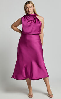 Minnie Midi Dress - Drape Neck Satin Slip Dress in Purple